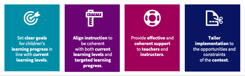 Infographic with 4 boxes naming the principles that have been identified in the paragraph above and named collectively as ALIGNS (Aligning Levels of Instruction with the Goals and Needs of Students).